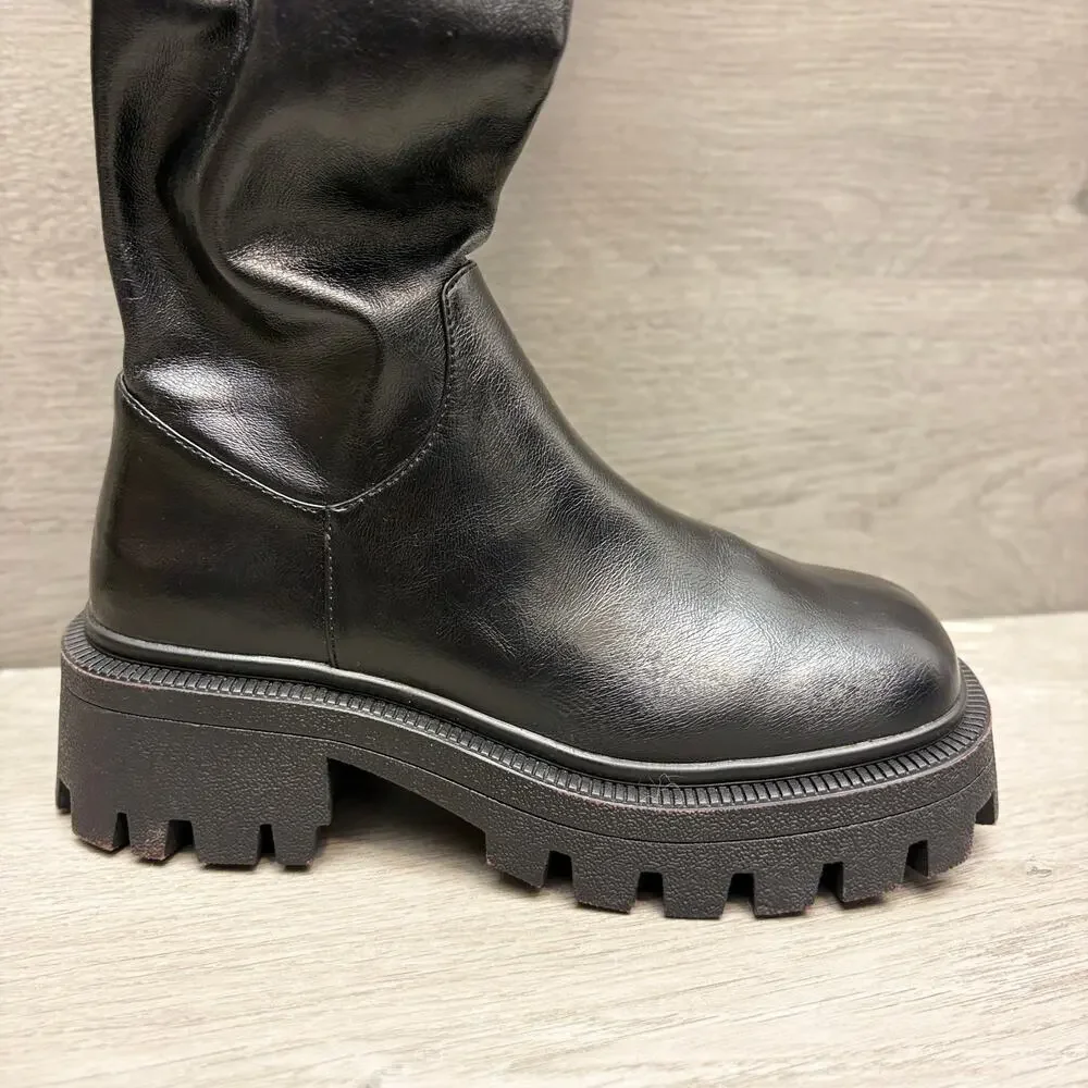 Urban Outfitters OTK Boots Culver Black Over The Knee Lug Sole Boots Size 7
